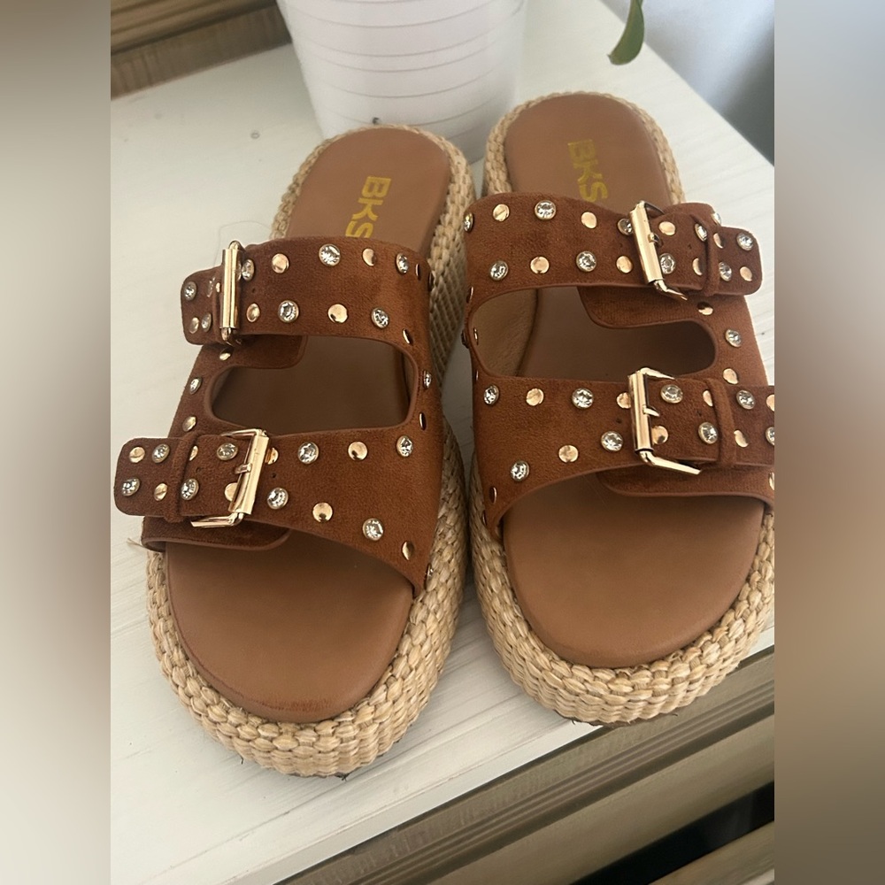 Bakers Tan Studded Espadrille Platform Slide Sandals